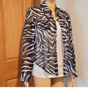 Jones New York Sheer Zebra Print Blouse NWT, Dark Navy/White Size PM, Worn 1X